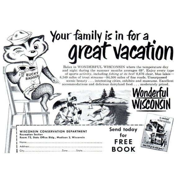 1953 Wisconsin Vacation Travel Vintage Print Ad Bucky Badger Cartoon Wall Art - Picture 1 of 2